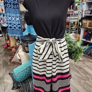 Black and White Striped Dress with Pink Accents